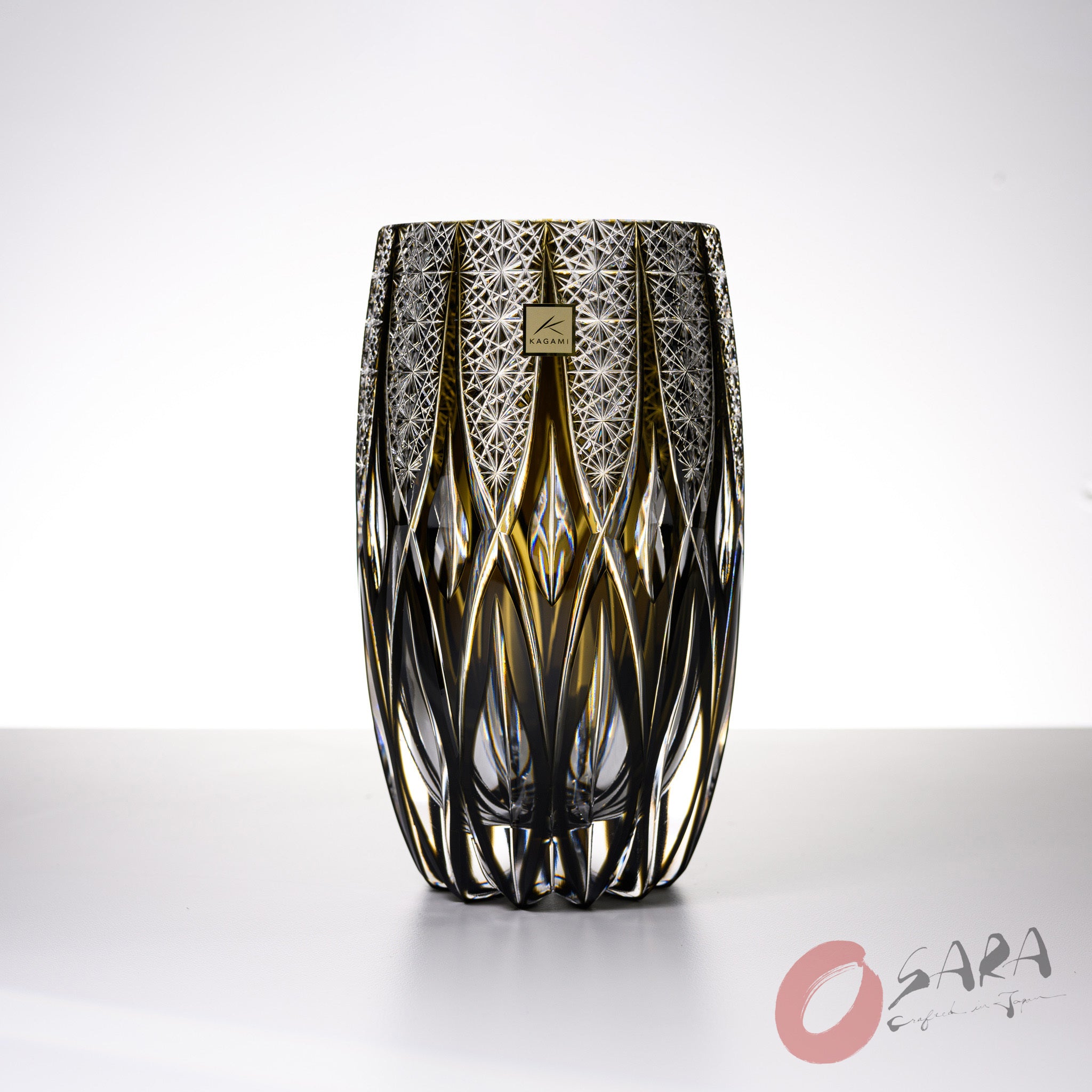 Vase En Cristal Kagami Crystal Edo Kiriko - Motif Bambou Vert - Style Japonais Moderne - Neuf Du Japon