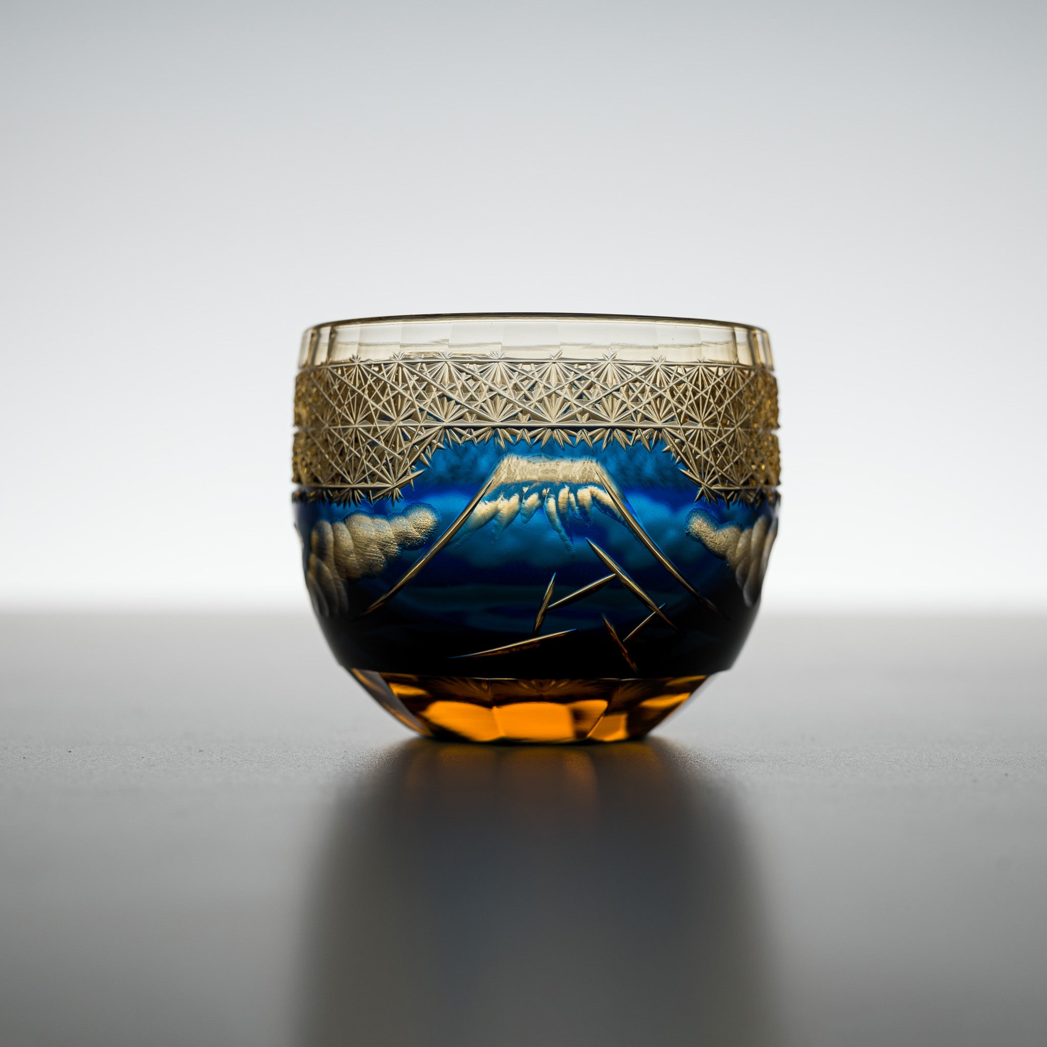 Yamada Glass - Crystal Glass Sake Cups - Mt Fuji - Amber Blue