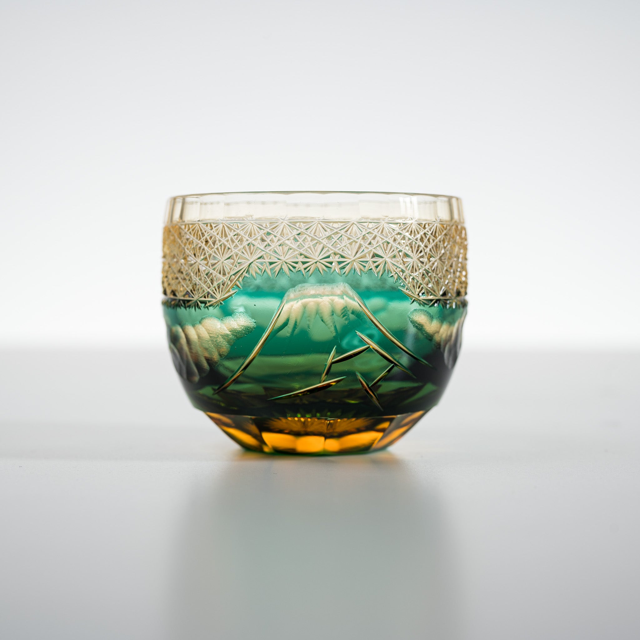 Yamada Glass - Crystal Glass Sake Cups - Mt Fuji - Amber Green