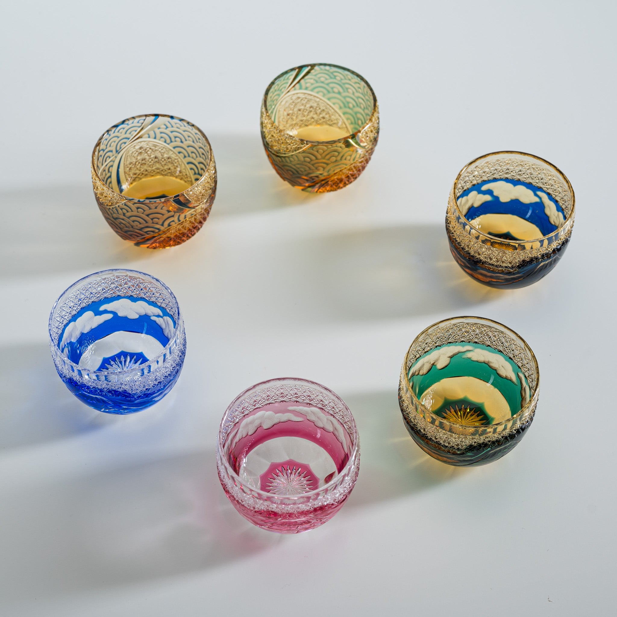Yamada Glass - Crystal Glass Sake Cups - Mt Fuji - Amber Blue