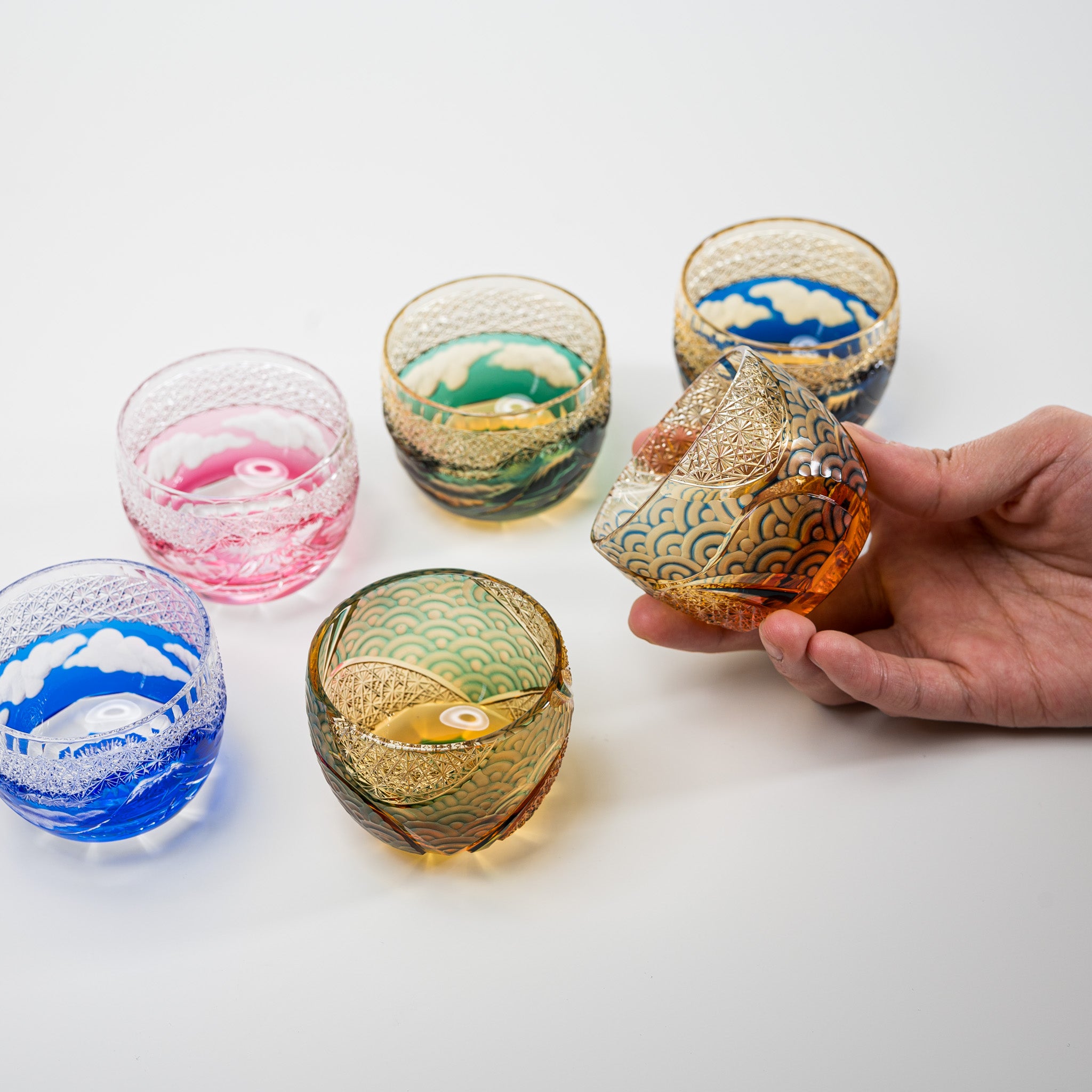 Yamada Glass - Crystal Glass Sake Cups - Wave - Amber Blue