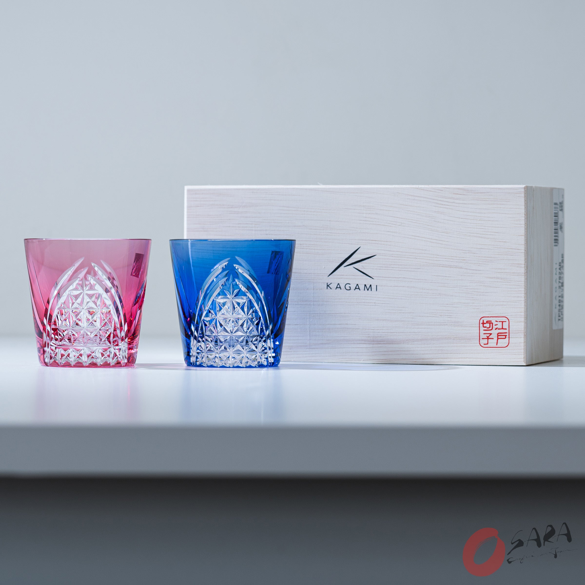 KAGAMI Crystal Edo-Kiriko Pair Crane Sake Glass