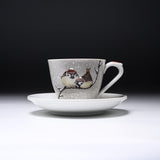 NAKAMURA TOSHITO Kutani Ware Cup and Saucer Set - Friendly Sparrows in the Snow / 九谷焼 カップソーサー