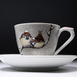NAKAMURA TOSHITO Kutani Ware Cup and Saucer Set - Friendly Sparrows in the Snow / 九谷焼 カップソーサー