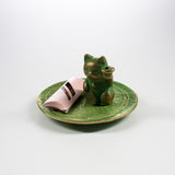 Brass Incense Holder with Plate - Lucky Cat / 真鍮 香立て