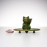 Brass Incense Holder with Plate - Lucky Cat / 真鍮 香立て