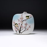 Kutani Ware Vase - Nakamura Toshito - Two Warblers in Spring / 九谷焼 花瓶 鶯