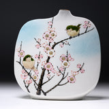 Kutani Ware Vase - Nakamura Toshito - Two Warblers in Spring / 九谷焼 花瓶 鶯
