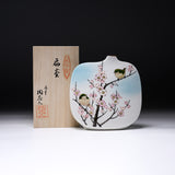 Kutani Ware Vase - Nakamura Toshito - Two Warblers in Spring / 九谷焼 花瓶 鶯