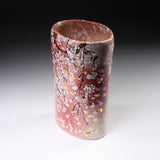 Fujihira Seibun Kiln Kyo-Kiyomizu Ware Flower Vase - Oval Tall Vase with Pink Cherry Blossom / 藤平正文窯 花瓶