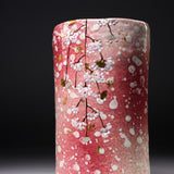 Fujihira Seibun Kiln Kyo-Kiyomizu Ware Flower Vase - Oval Tall Vase with Pink Cherry Blossom / 藤平正文窯 花瓶