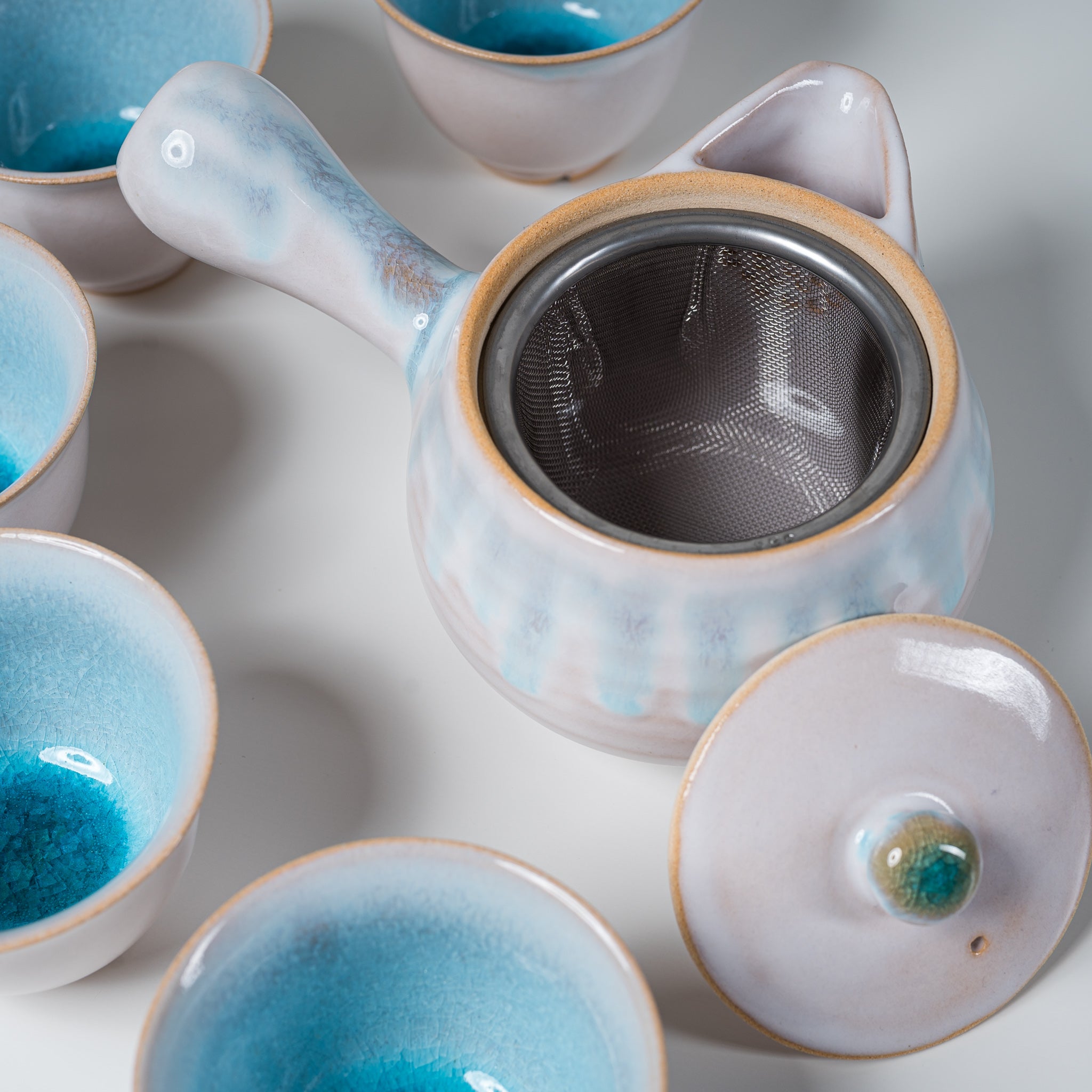 Tenryu Kiln Hagi Ware Tea Set - Pot and 5 Cups - Sky Blue / 天龍窯 ソライロ