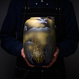 Kutani ware Premium Vase with Wooden Box - Golden Forest with Crane / 九谷焼 花瓶