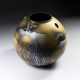Kutani Ware Round Vase - Cranes Over Winter Trees / 九谷焼 花瓶