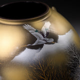 Kutani Ware Round Vase - Cranes Over Winter Trees / 九谷焼 花瓶