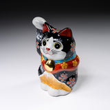 Kutani Ware Animal Ornament - Mt Fuji Black Beckoning Cat ”Sun” / 九谷焼 招き猫
