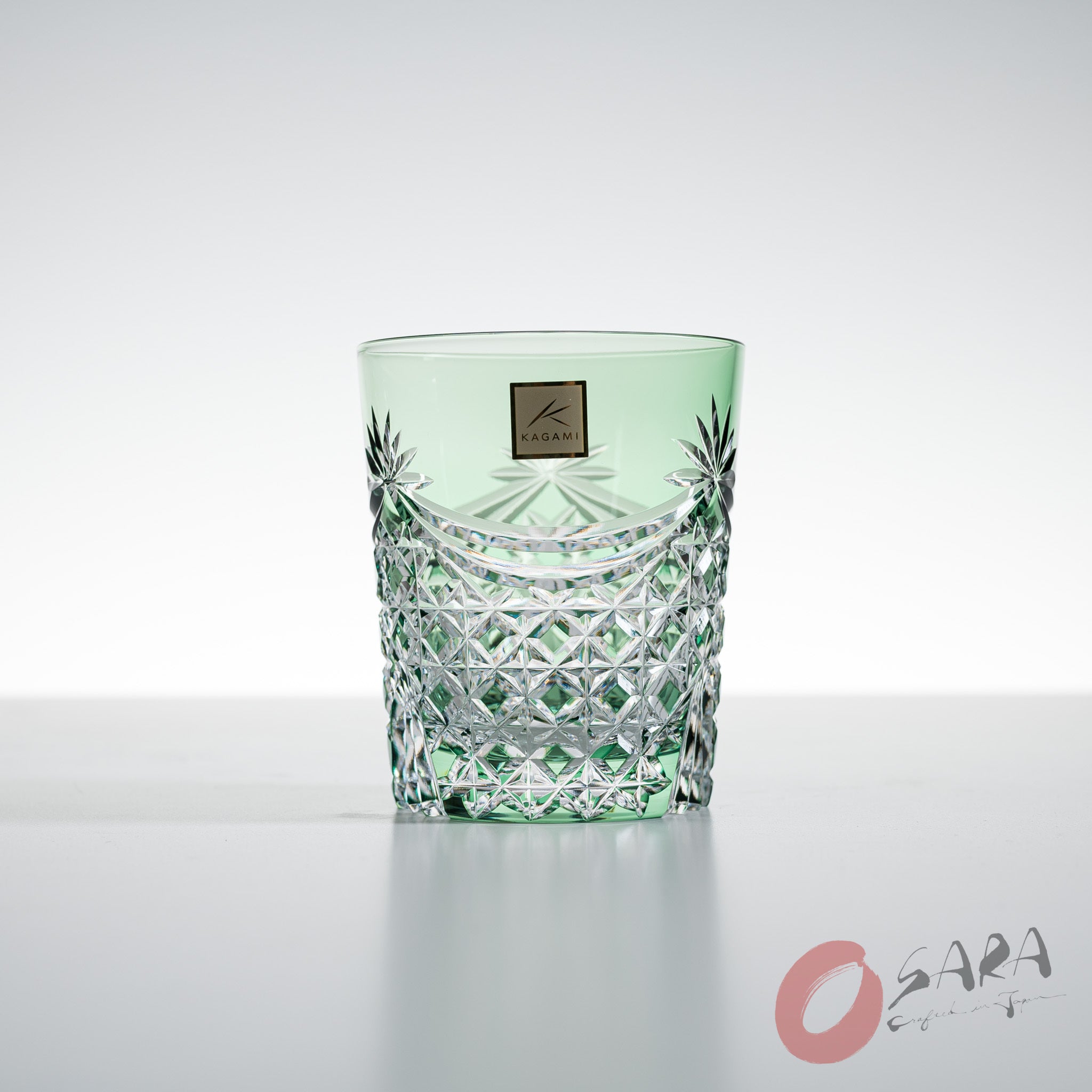 KAGAMI Crystal Edo-Kiriko Rock Glass - Curtain Folds - Green