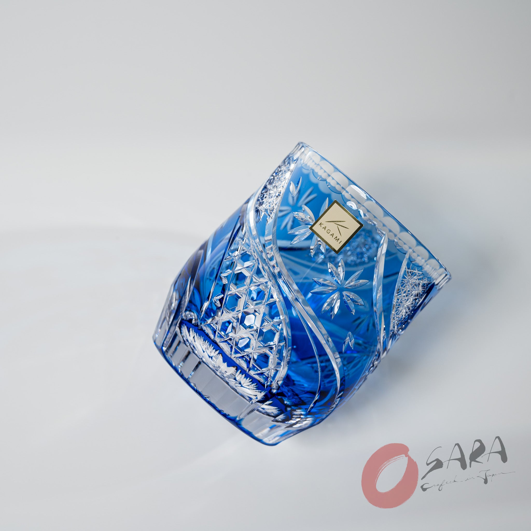 KAGAMI Crystal Edo-Kiriko Rock Glass - Floating Cherry Blossoms - Blue