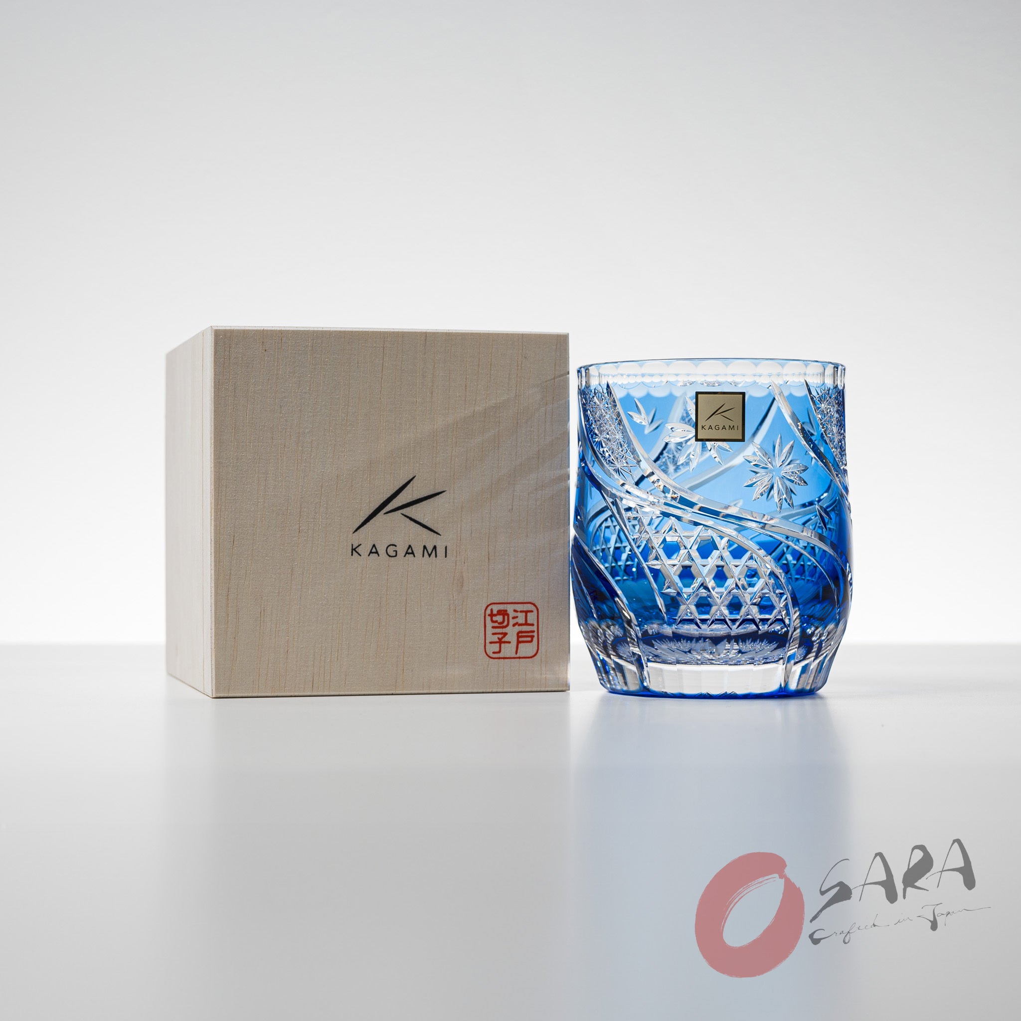 KAGAMI Crystal Edo-Kiriko Rock Glass - Floating Cherry Blossoms - Blue