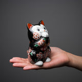 Kutani Ware Animal Ornament - Black Flower Begging Cat “Sakura”/ 九谷焼 おねだり猫