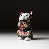 Kutani Ware Animal Ornament - Black Flower Begging Cat “Sakura”/ 九谷焼 おねだり猫