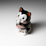 Kutani Ware Animal Ornament - Black Flower Begging Cat “Sakura”/ 九谷焼 おねだり猫