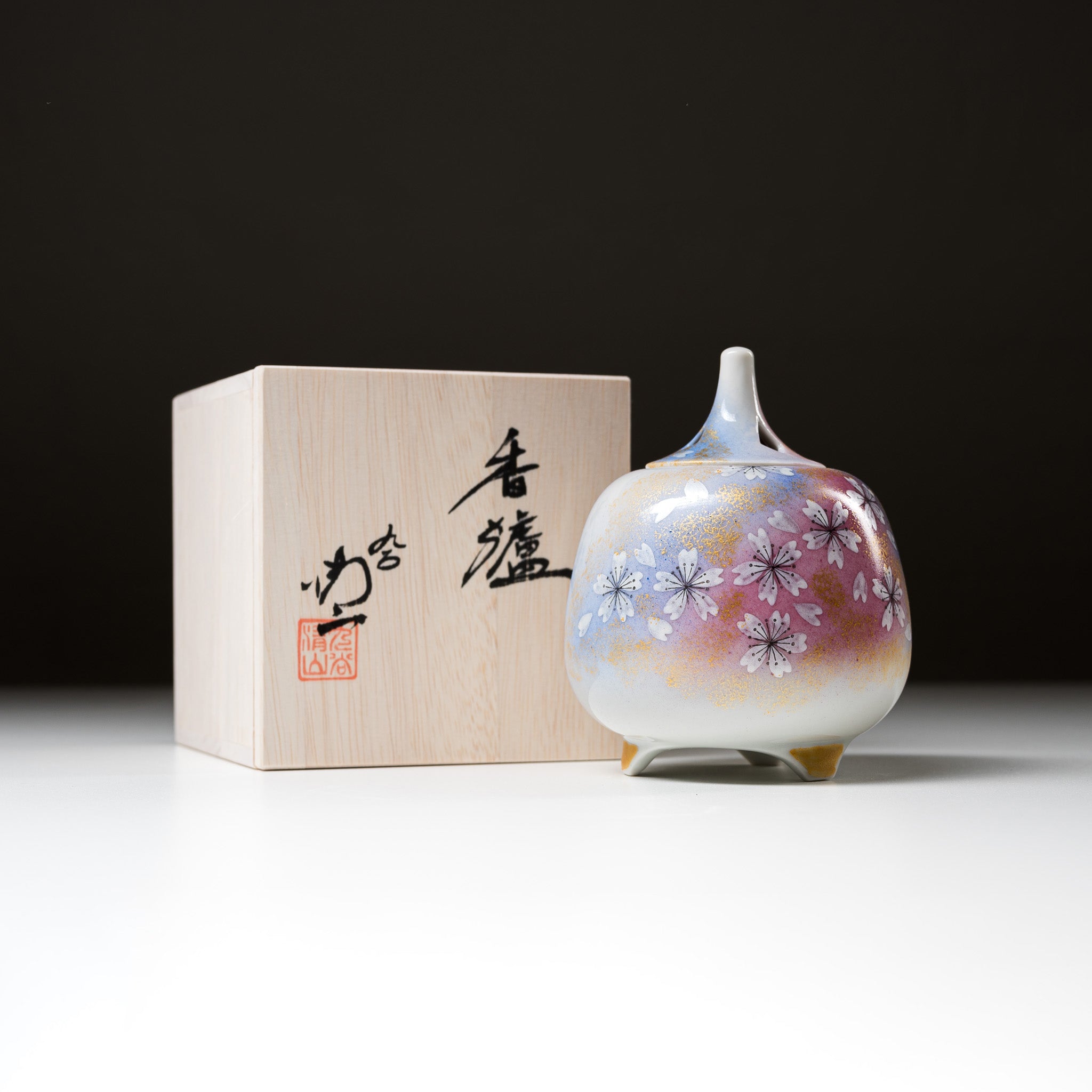 Kutani Ware Incense Burner Container - Round Sakura Blossom / 九谷焼 香炉