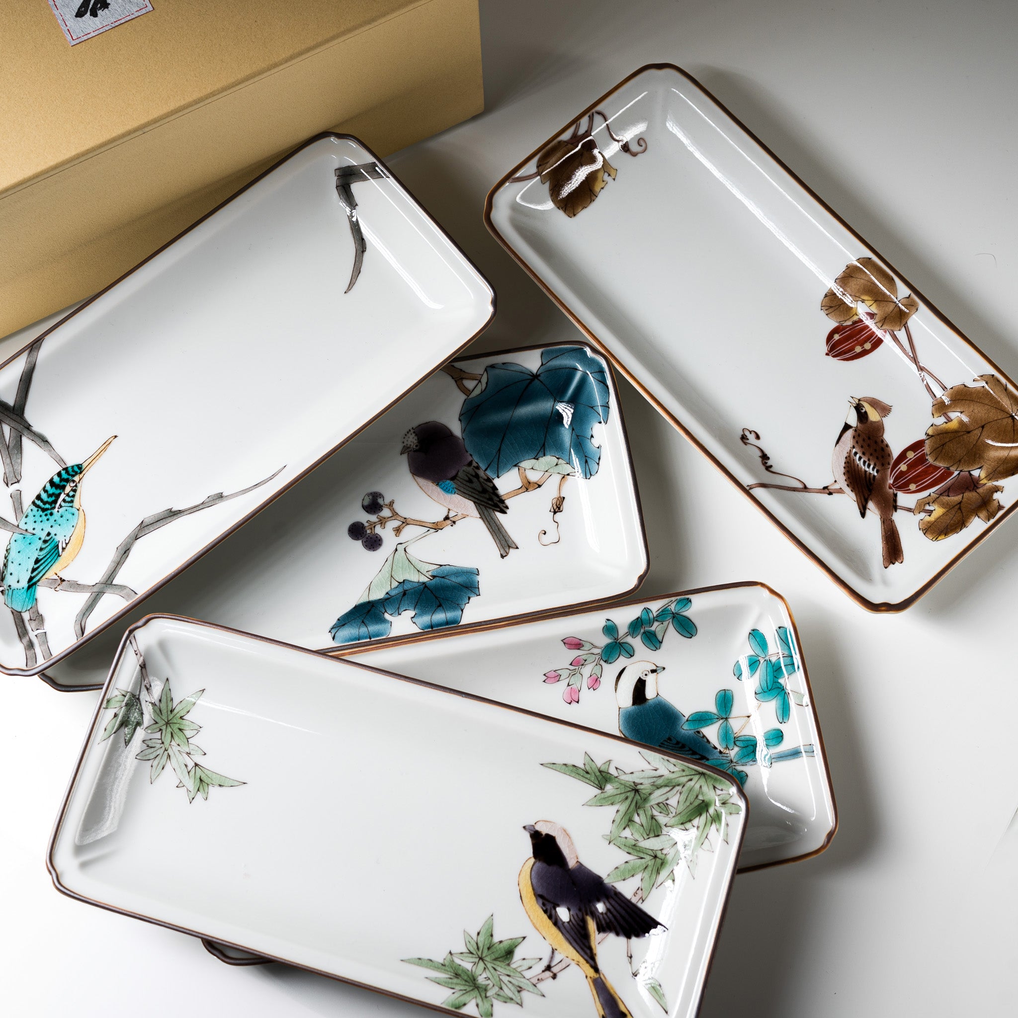 Kutani Ware Yamada Yoshiaki Hand Painted Rectangle Plate - Set of 5 / 九谷焼 山田 義明作