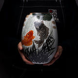 Kutani ware Round Vase with Tray - Carp Climbing the Waterfall / 九谷焼 花瓶