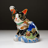 Kutani Ware Animal Ornament - Wave Beckoning Cat / 九谷焼 招き猫