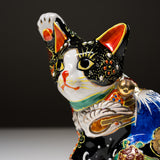 Kutani Ware Animal Ornament - Wave Beckoning Cat / 九谷焼 招き猫