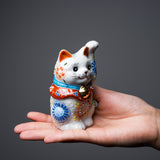 Kutani Ware Animal Ornament - White Beckoning Cat ”Moe” / 九谷焼 招き猫