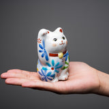 Kutani Ware Animal Ornament - Flower Beckoning Cat "Yuki" / 九谷焼 招き猫