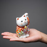 Kutani Ware Animal Ornament - Red Flower Beckoning Cat "Chika" / 九谷焼 招き猫