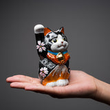 Kutani Ware Animal Ornament - Mt Fuji Black Beckoning Cat ”Nami” / 九谷焼 招き猫