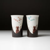 Kutani ware Pair Tall Yunomi Tea Cup - Twilight Cat / 九谷焼 ペア湯呑み