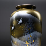 Kutani ware Vase with Tray in Wooden Box - Crane and Golden Tree / 九谷焼 花瓶