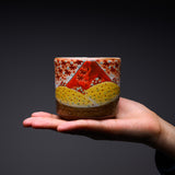 Kutani ware Premium Teacup with Wooden Gift Box - Red Fuji / 九谷焼 湯呑み
