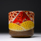 Kutani ware Premium Teacup with Wooden Gift Box - Red Fuji / 九谷焼 湯呑み