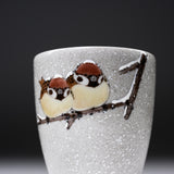 Kutani ware Yunomi Tea Cup - Nakamura Toshito - Friendly Sparrow in Snow / 九谷焼  湯呑み
