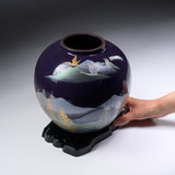 Kutani ware Round Vase with Tray in Wooden Box - Crane in the Mountain / 九谷焼 花瓶