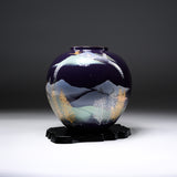 Kutani ware Round Vase with Tray in Wooden Box - Crane in the Mountain / 九谷焼 花瓶