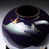 Kutani ware Round Vase with Tray in Wooden Box - Crane in the Mountain / 九谷焼 花瓶