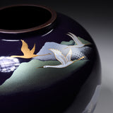 Kutani ware Round Vase with Tray in Wooden Box - Crane in the Mountain / 九谷焼 花瓶