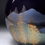 Kutani ware Round Vase with Tray in Wooden Box - Crane in the Mountain / 九谷焼 花瓶