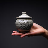 Onta Ware Tobikanna Ivory Lidded Container with Notch / 小鹿田焼 甕