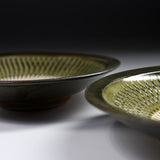 Onta Ware Tobikanna Green Shallow Bowl with Circular Pattern - 17 cm - 2 Options / 小鹿田焼 お皿