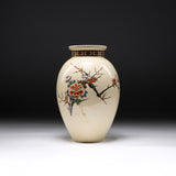 CHINJUKAN Kiln White Satsuma Ware Oval Vase 21 cm - Plum and Peony / 薩摩焼 沈壽官窯