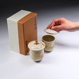 CHINJUKAN Kiln White Satsuma Ware Pair of Lidded Teacups - Gold Autumn Grass / 薩摩焼 沈壽官窯
