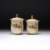 CHINJUKAN Kiln White Satsuma Ware Pair of Lidded Teacups - Gold Autumn Grass / 薩摩焼 沈壽官窯